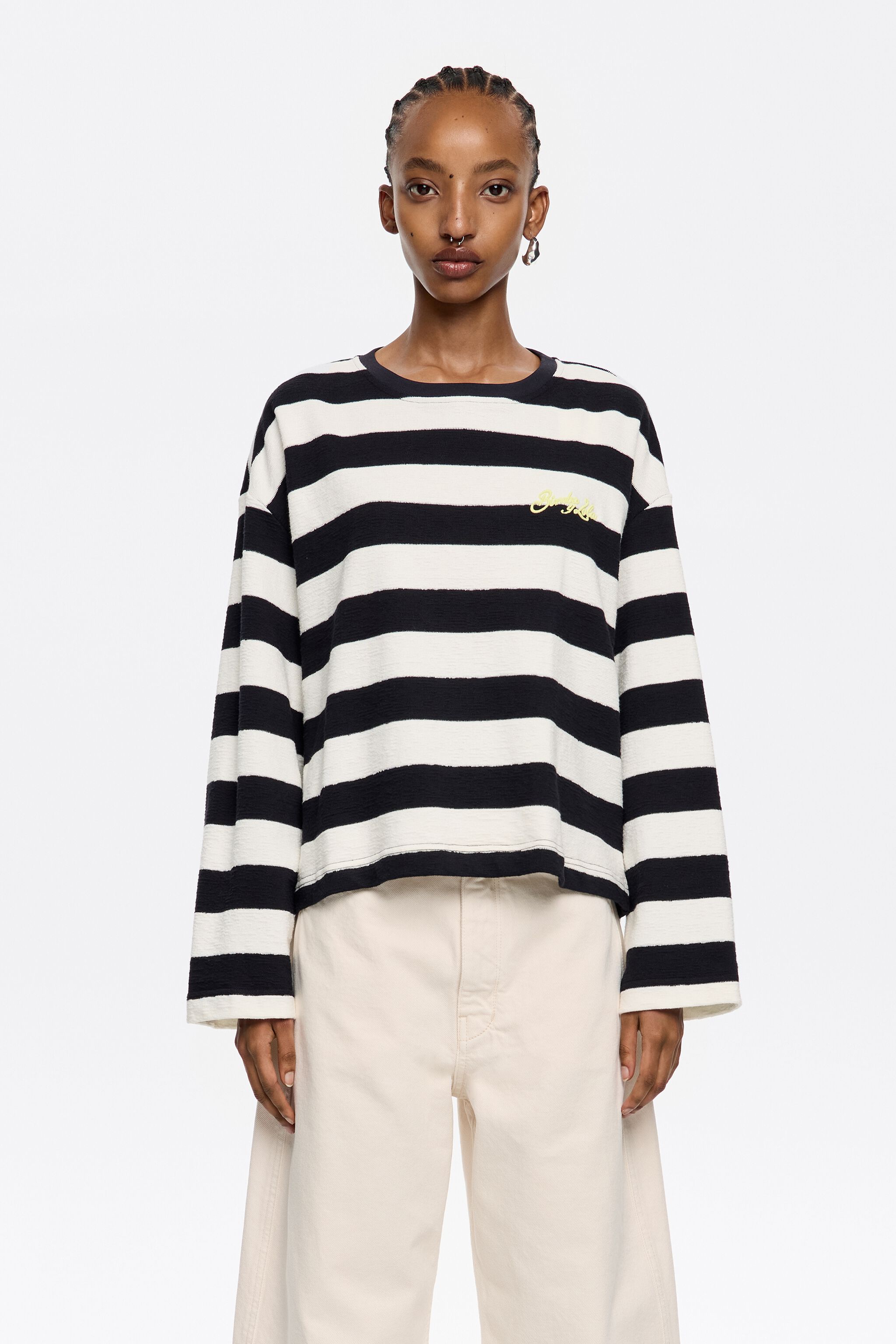 Navy blue striped cotton straight T-shirt