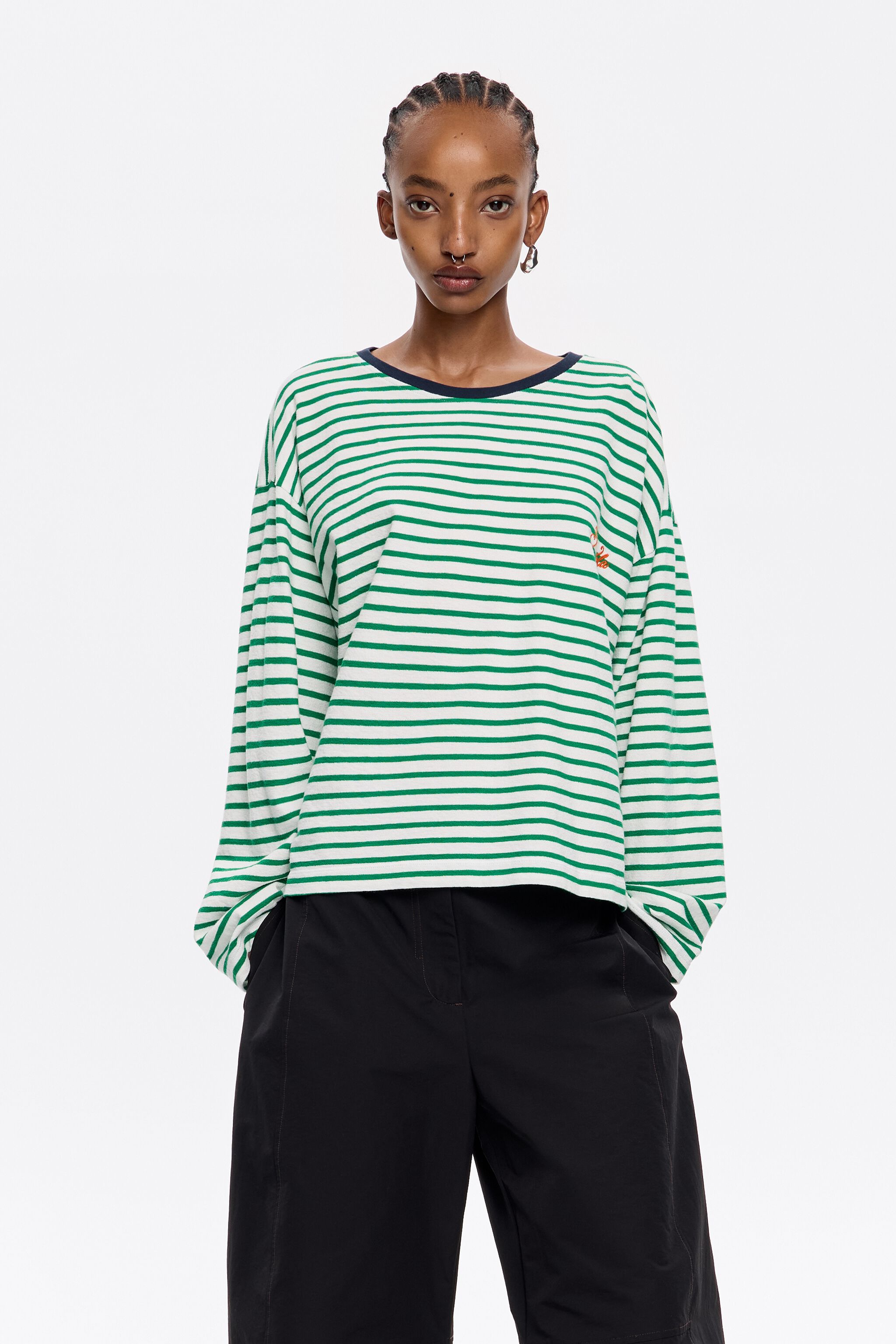 Green striped cotton straight T-shirt