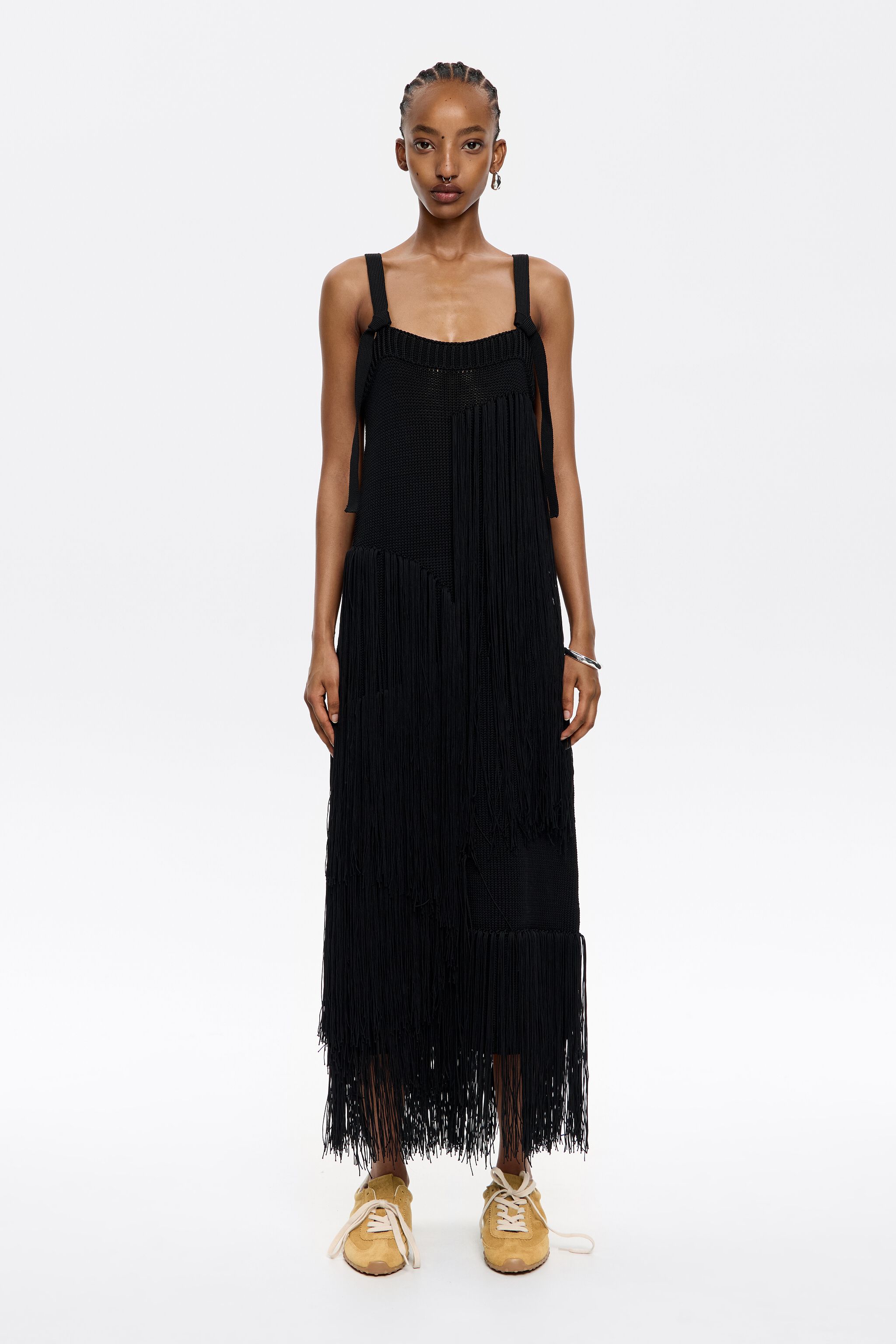 Black fringed knit dress