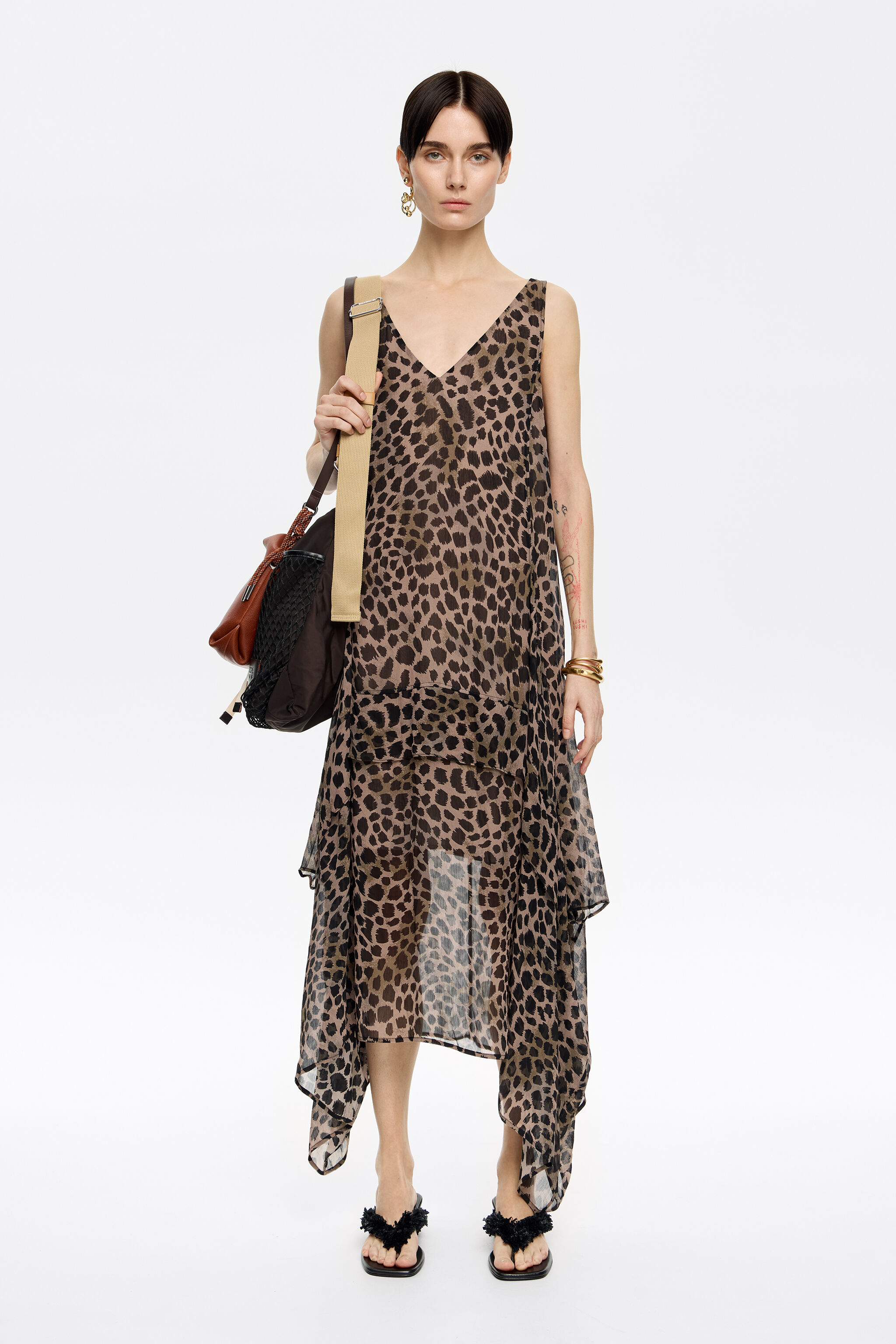 Khaki Cheetah asymmetric flowing dress