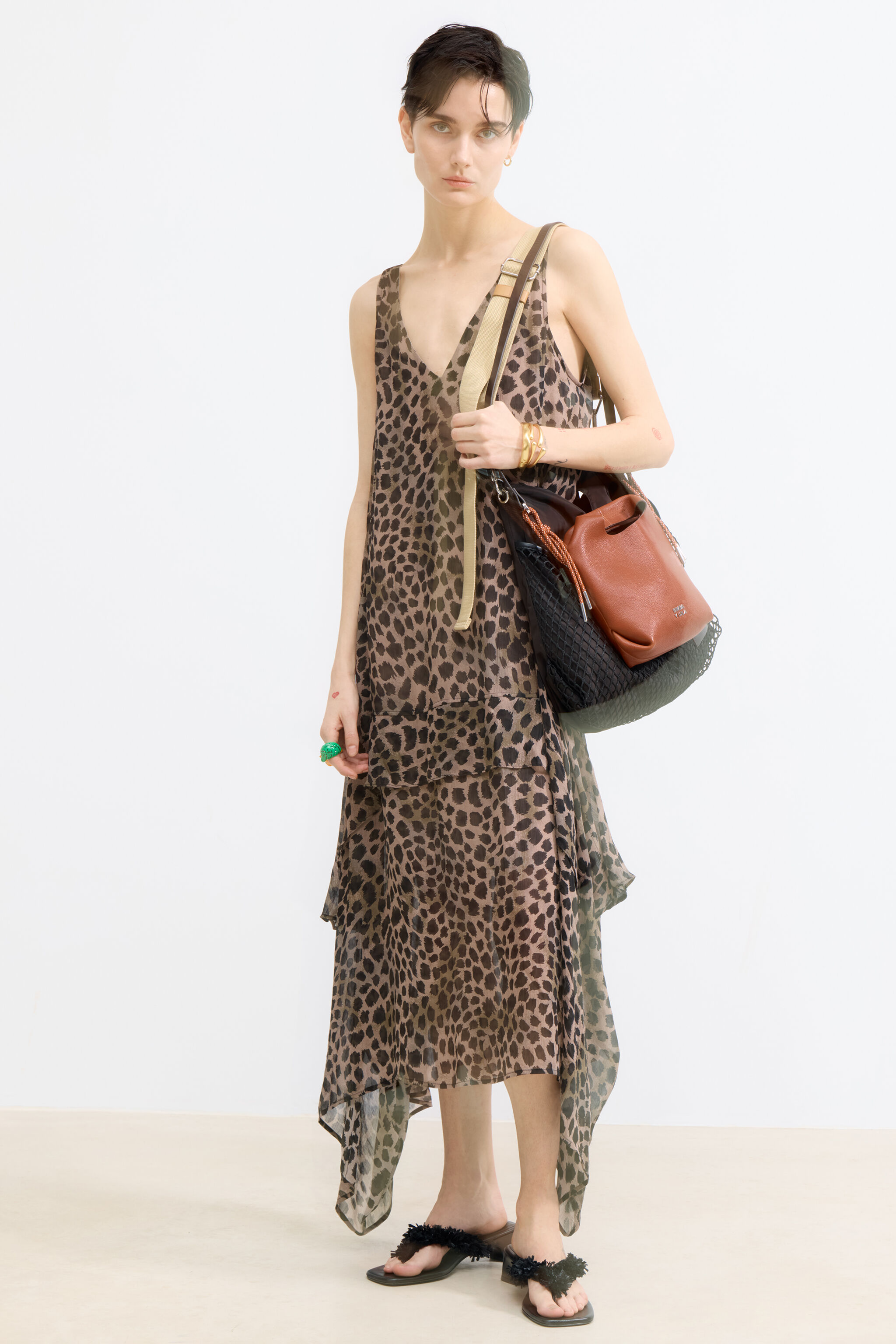 Khaki Cheetah asymmetric flowing dress