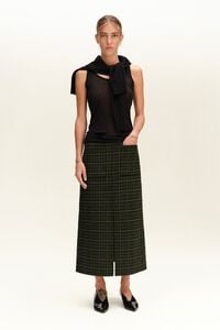 Faded khaki double-face checked midi skirt