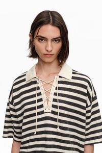 Black striped T-shirt with adjustable polo shirt collar