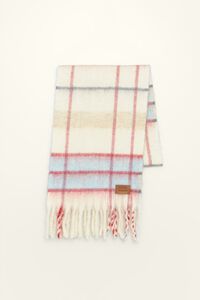 Ivory and red tartan wool scarf
