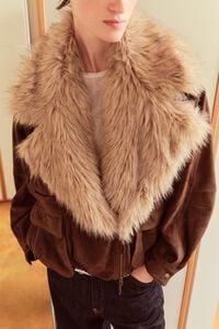 Chocolate leather double-breasted jacket with fur collar