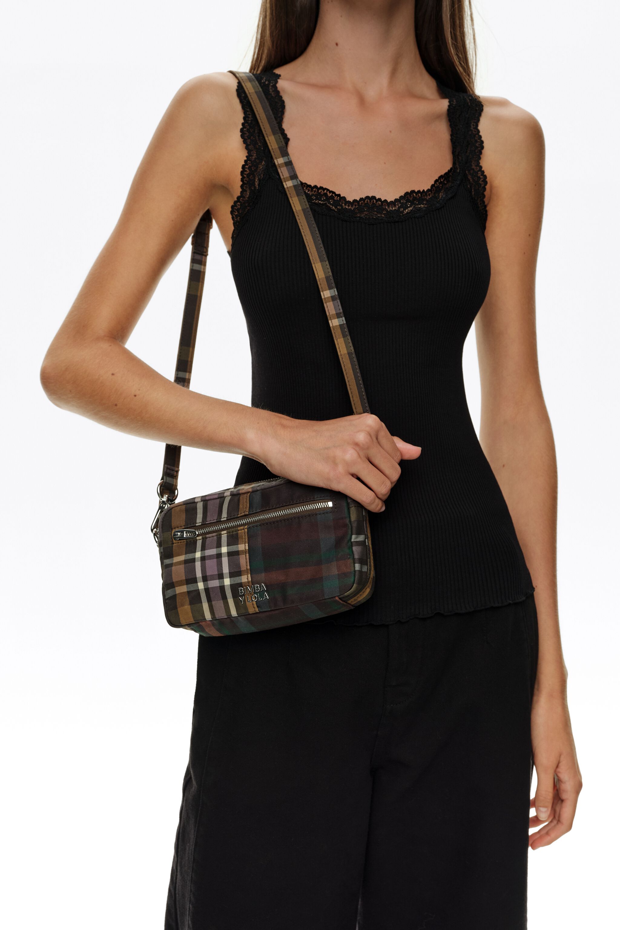Small superwax chocolate and green tartan crossbody bag