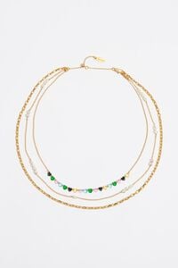 Gold-tone triple-layer chain heart crystals necklace
