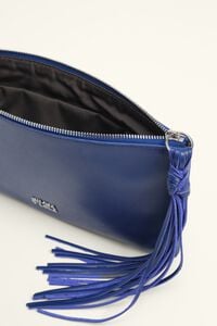 Medium electric blue fringed leather zip make-up clutch