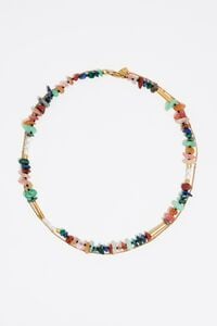 Matte gold-tone double-layer chain and multicolor stones necklace