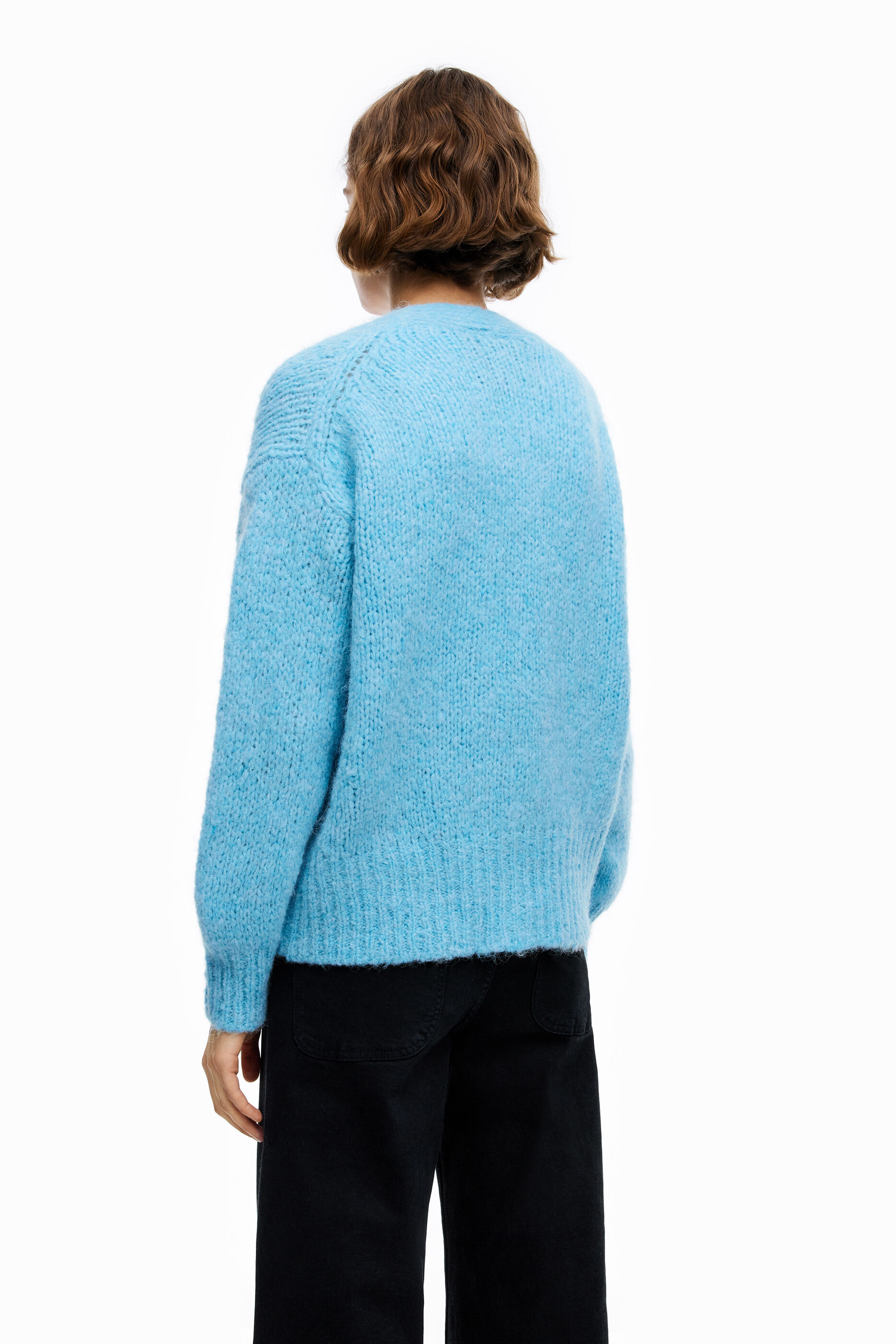 thick blue cardigan