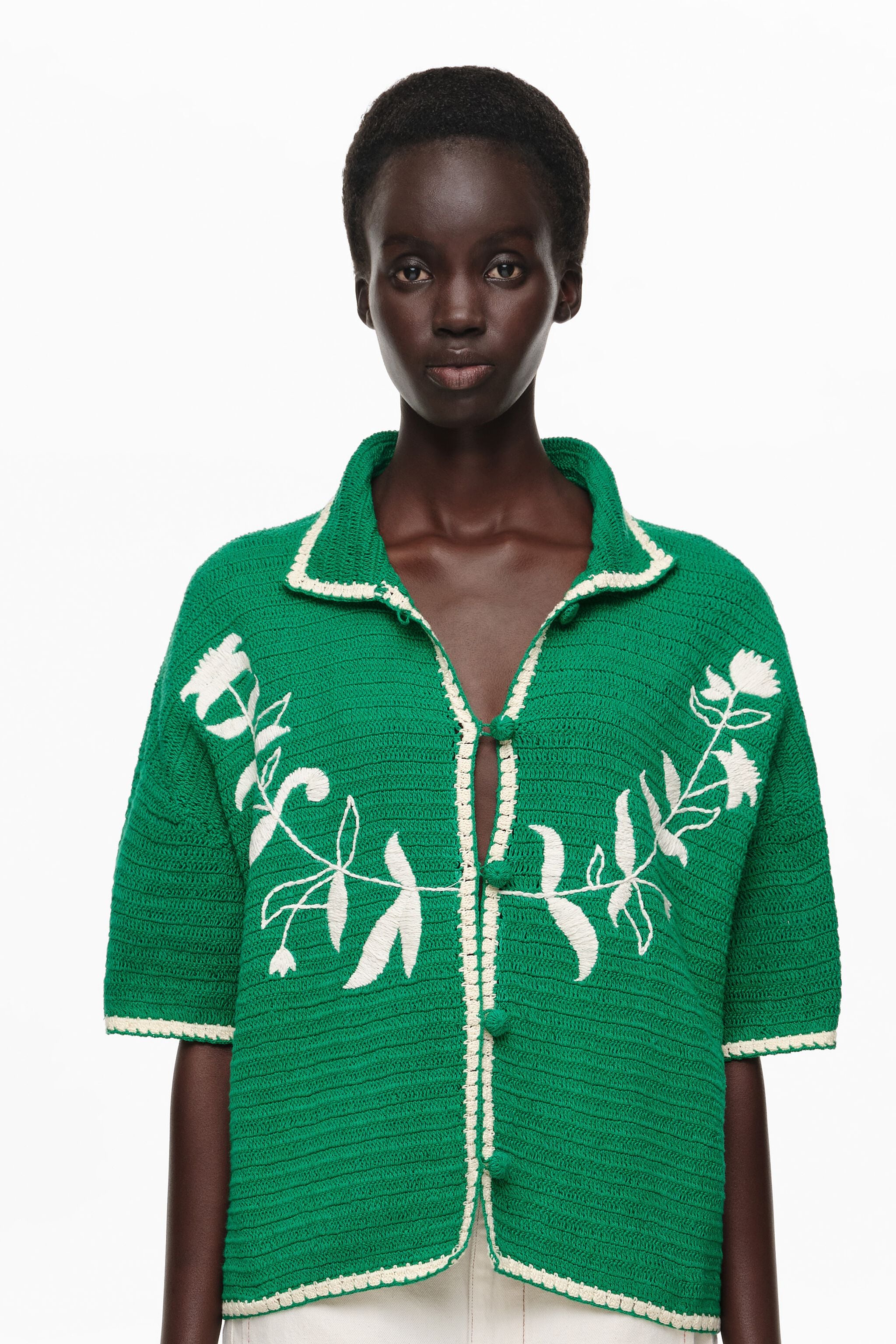 Green cotton embroidered knit sweater