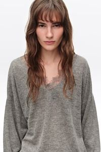 Sweater comprida renda l&atilde; cinzento-escuro melange