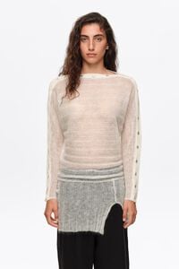 Ivory ribbed sweater with batwing sleeves and buttons