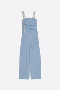 Blue striped jumpsuit with gathered straps