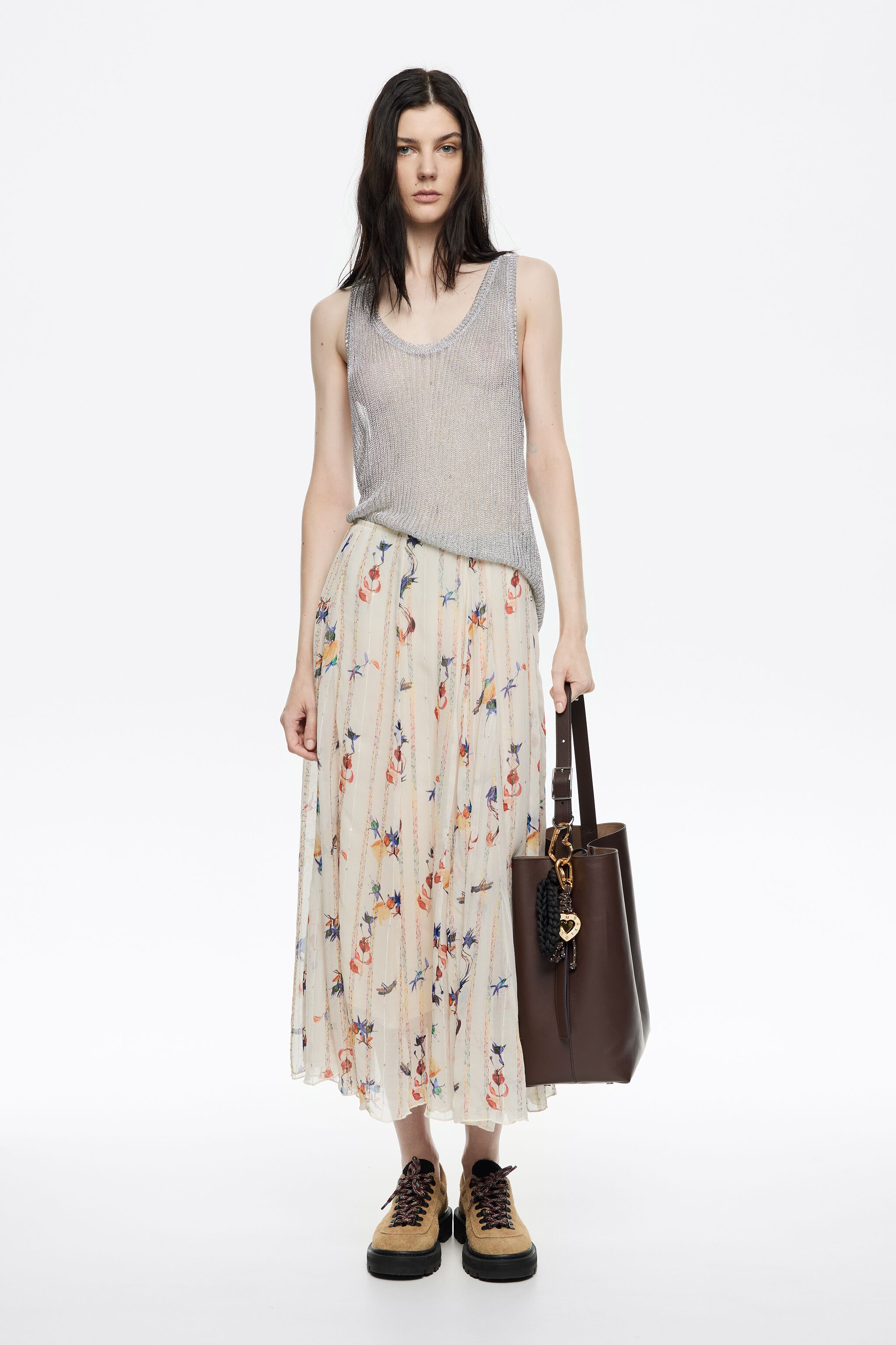 Ivory Flowers Scan flared midi skirt