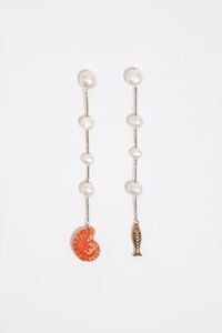 Pearl earrings with ceramic fish and seashell