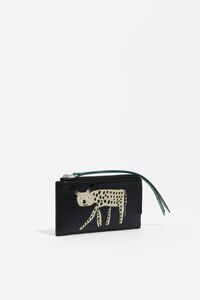 Black leather Frío peludo card holder/coin purse