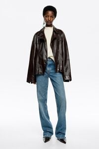 Cazadora piel satinada marr&oacute;n oscuro