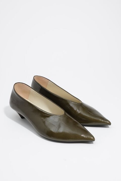 Green leather low heel court shoe