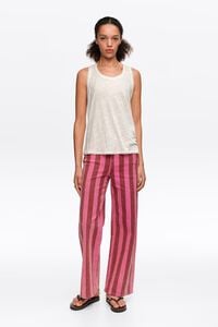 Cal&ccedil;as sem cintura 5 bolsos denim riscas rosa