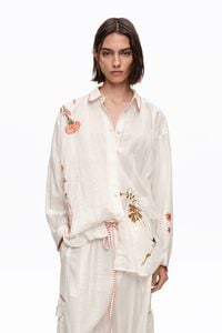 Camisa pespuntes y estampados algod&oacute;n marfil