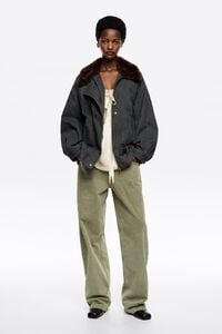 Dark gray double-breasted jacket with detachable fur