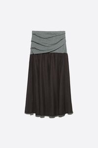 Gray melange and brown two-material gathered A-line skirt