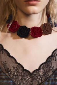 Red flocked rose necklace
