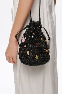 Bolso bucket mini trenzado piel piedras naturales negro