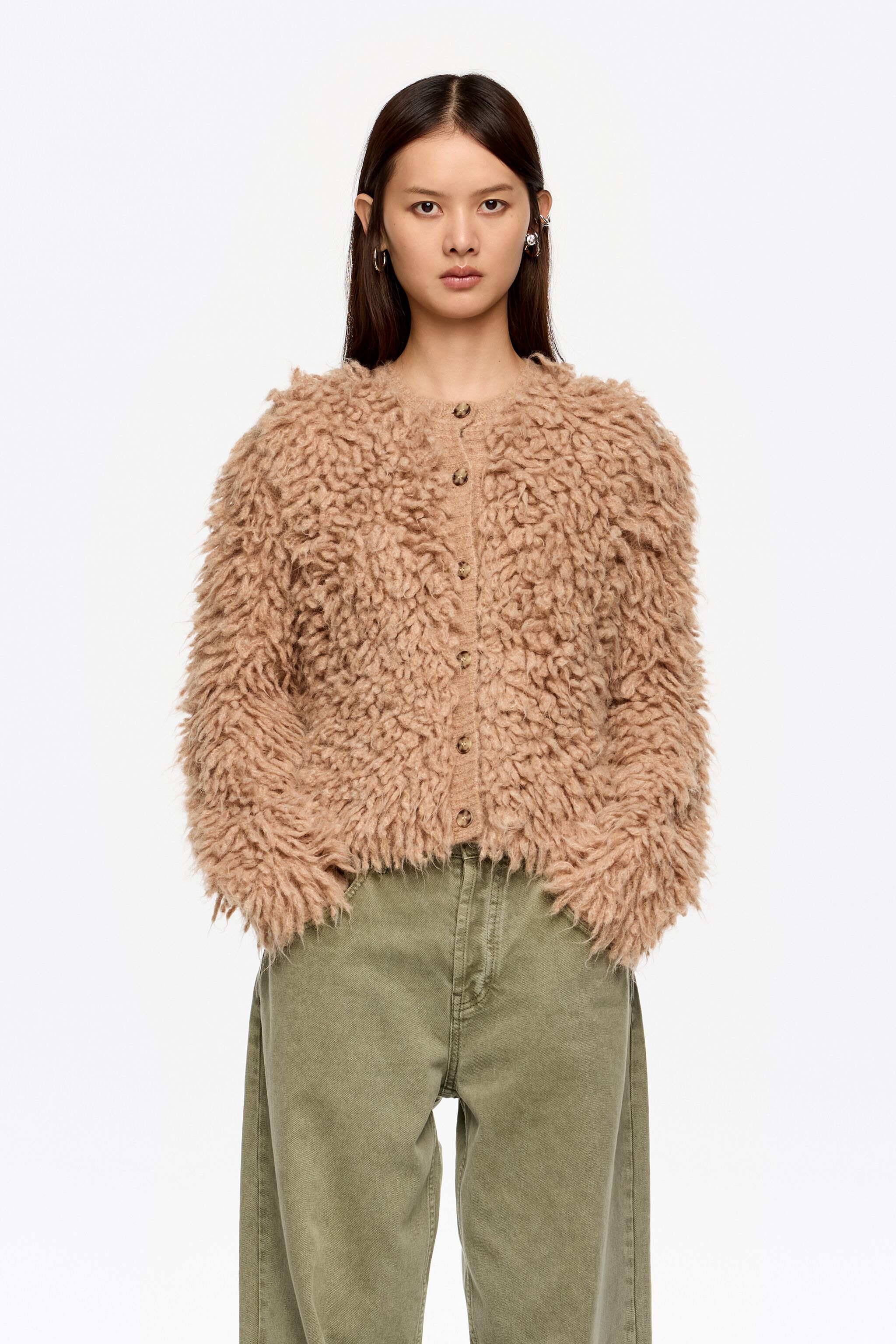 Short camel alpaca cardigan