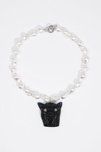Pearl necklace with black resin panther head