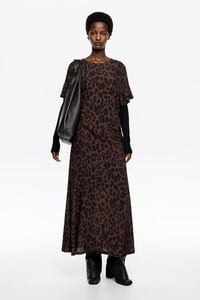 Dark Brown Big Leopard gathered short sleeve dress