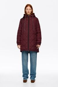 Burgundy straight cut hooded puffer