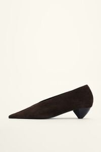 Brown suede low heel court shoe