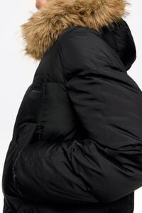 Straight black down jacket with fur hood