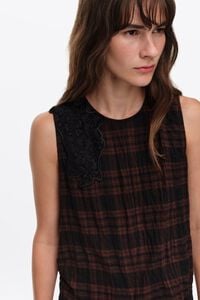 Dark brown checked midi dress with lace details