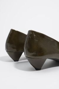 Green leather low heel court shoe