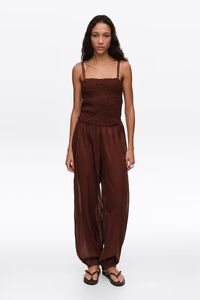 Brown cotton gathered balloon jumpsuit