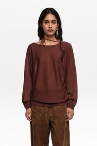 Brown boat neckline crossover ties sweater