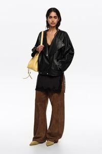 Black leather double-breasted jacket