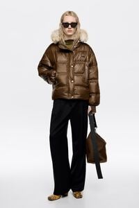 Short dark khaki fur hooded down jacket