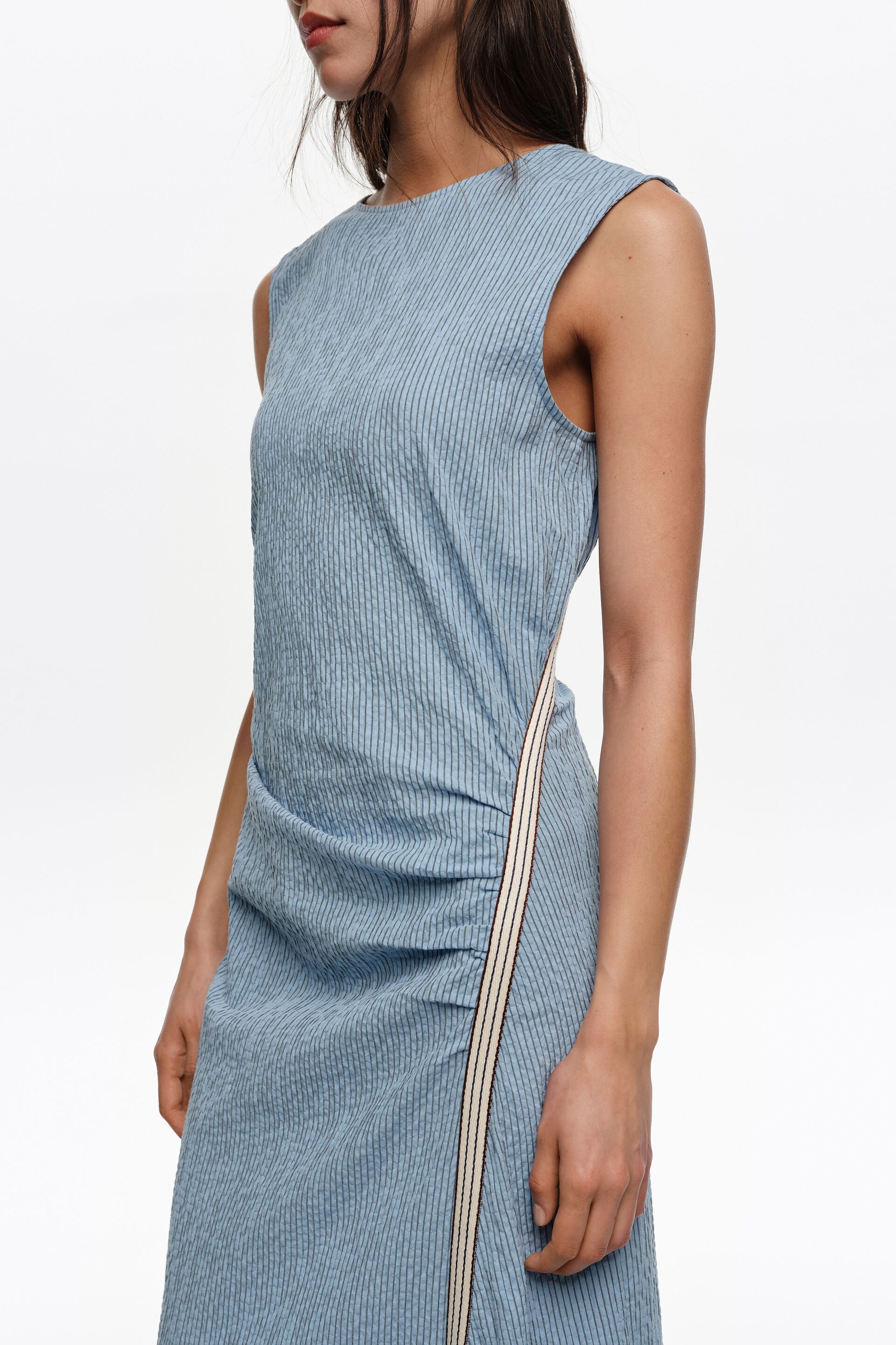 Sleeveless dress with blue striped overlay strap Sleeveless dress with blue striped overlay strap