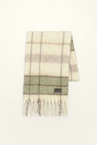 Ivory and khaki tartan wool scarf