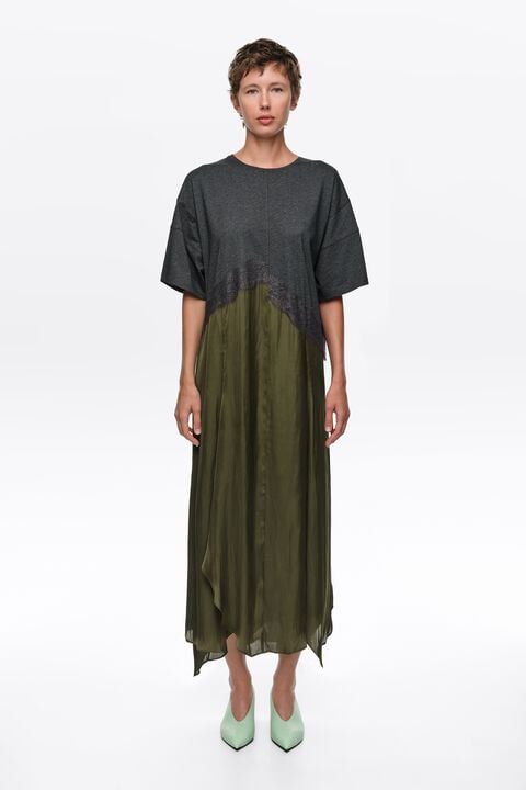 Khaki two-material asymmetric dress