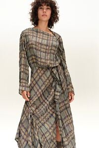 Khaki Tartan Pleated Ruched Dress