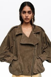 Blouson crois&eacute; daim olive fonc&eacute;