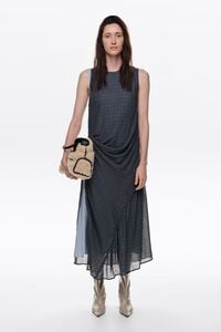 Blue checked layered dress with ruching