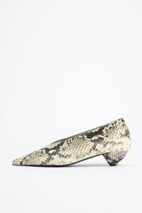 Snake print leather low heel court shoe