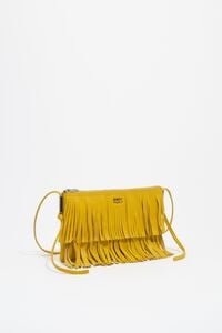 Small lemon leather fringed clutch bag