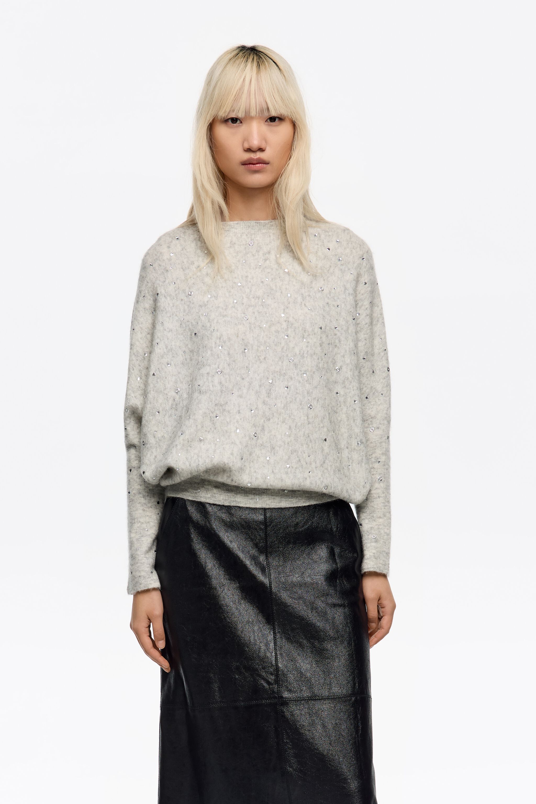 Grey rhinestone wool batwing sleeve sweater